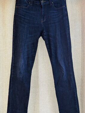 Cabi Jeans Dark Wash Mid-Rise High Straight Distressed Blue Jeans, Size 4